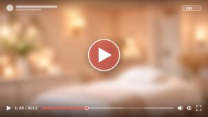 Blurred video player frame with a play button and timeline over a softly lit treatment room