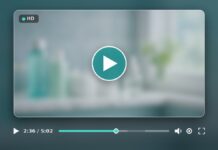 Micellar Water vs Cleansing Oil for Acne-Prone Skin Blurred video player frame with a play button and timeline over a shelf of skincare bottles