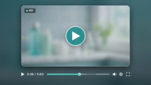 Blurred video player frame with a play button and timeline over a shelf of skincare bottles