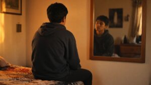 Teenager sitting on his bed, looking thoughtfully at his reflection in a mirror with his hands resting in his lap