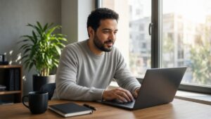 Man working at a laptop by a sunny office window, relaxed and focused