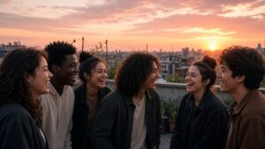 Group of diverse friends laughing together on a rooftop at sunset
