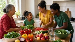 Three generations of a family preparing a healthy meal with fresh vegetables, fruit and water in a bright kitchen