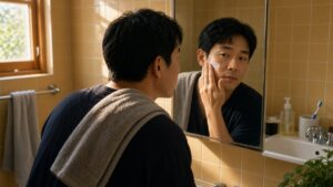 Man applying moisturizer to his cheek in front of a bathroom mirror in the morning