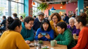 Group of people in a busy cafe reacting with surprise to a video on a smartphone