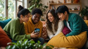 Four friends of different backgrounds smiling together as they watch a video on a smartphone on a sofa
