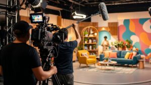 Camera operator and sound technician filming in a colourful television studio