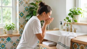Young woman washing her face at a bright bathroom sink with a splash of water