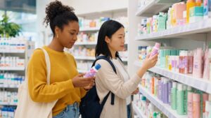 Two friends comparing skin care products on a pharmacy shelf