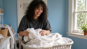 Young woman laughing while folding fresh white towels and pillowcases in a sunny laundry room