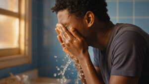 Young man splashing water on his face at a sunny bathroom sink during a morning wash