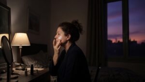 Woman applying night cream at her bedroom vanity in the evening with a purple dusk sky outside