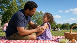 Father applying sunscreen to his young daughter's arm during a picnic in a sunny park