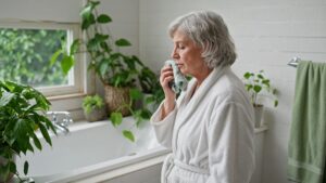 Older woman in a bathrobe gently wiping her cheek with a soft washcloth in a plant-filled bathroom
