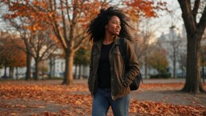 Young woman walking through a city park in golden autumn light with leaves in the air