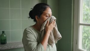 Woman gently drying her face with a soft towel beside a bright window in a green bathroom