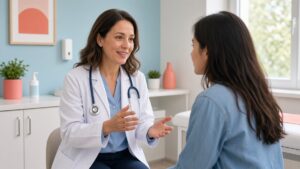 Friendly dermatologist talking with a young patient during a consultation in a bright clinic